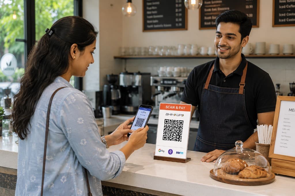 Customer scanning a QR code at a retail counter to pay