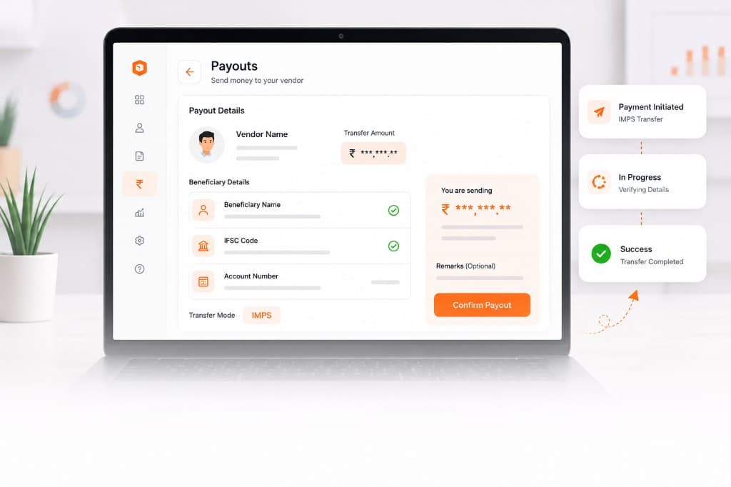 Smart Payouts dashboard sending a vendor payout with IMPS transfer and success status